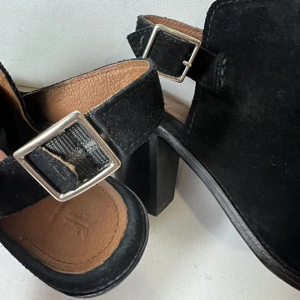 Frye Black Suede Ankle Bootie High Heels Wrap Women's Size 8.5 B Peep Toe Buckle